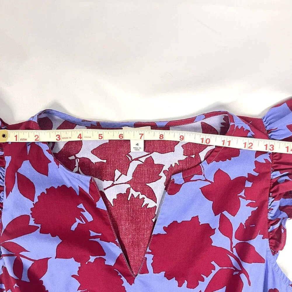 J.Crew Dress Size 4 Purple Red Floral Midi Ruffle Sleeve Cotton Tiered Casual